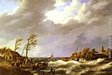 Boat Canvas Paintings - Dutch Fishing Vessel caught on a Lee Shore with Villagers and a Rescue Boat in the foreground